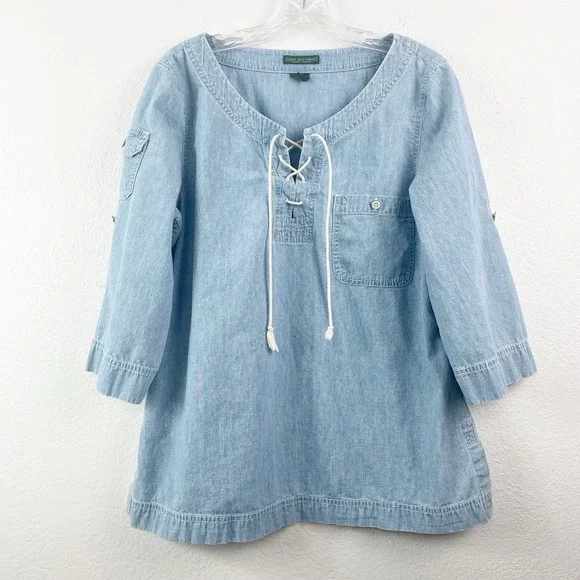 Y2K Lauren Ralph Lauren Chambray Lace Up Top Coastal Western Denim Utility Large - Picture 2 of 9